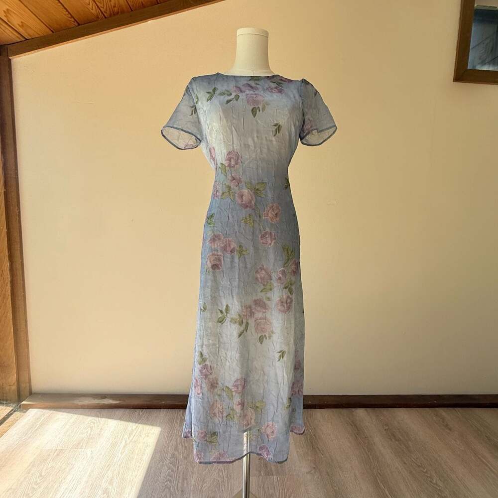 Vintage Floral Purple and Blue Crinkle Midi Dress